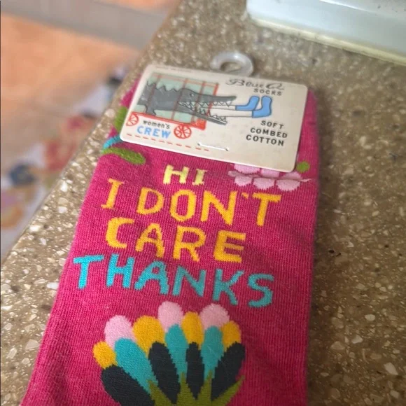 Blue Q Pink Crew Socks with Colorful Text and Floral Design - Picture 1 of 6